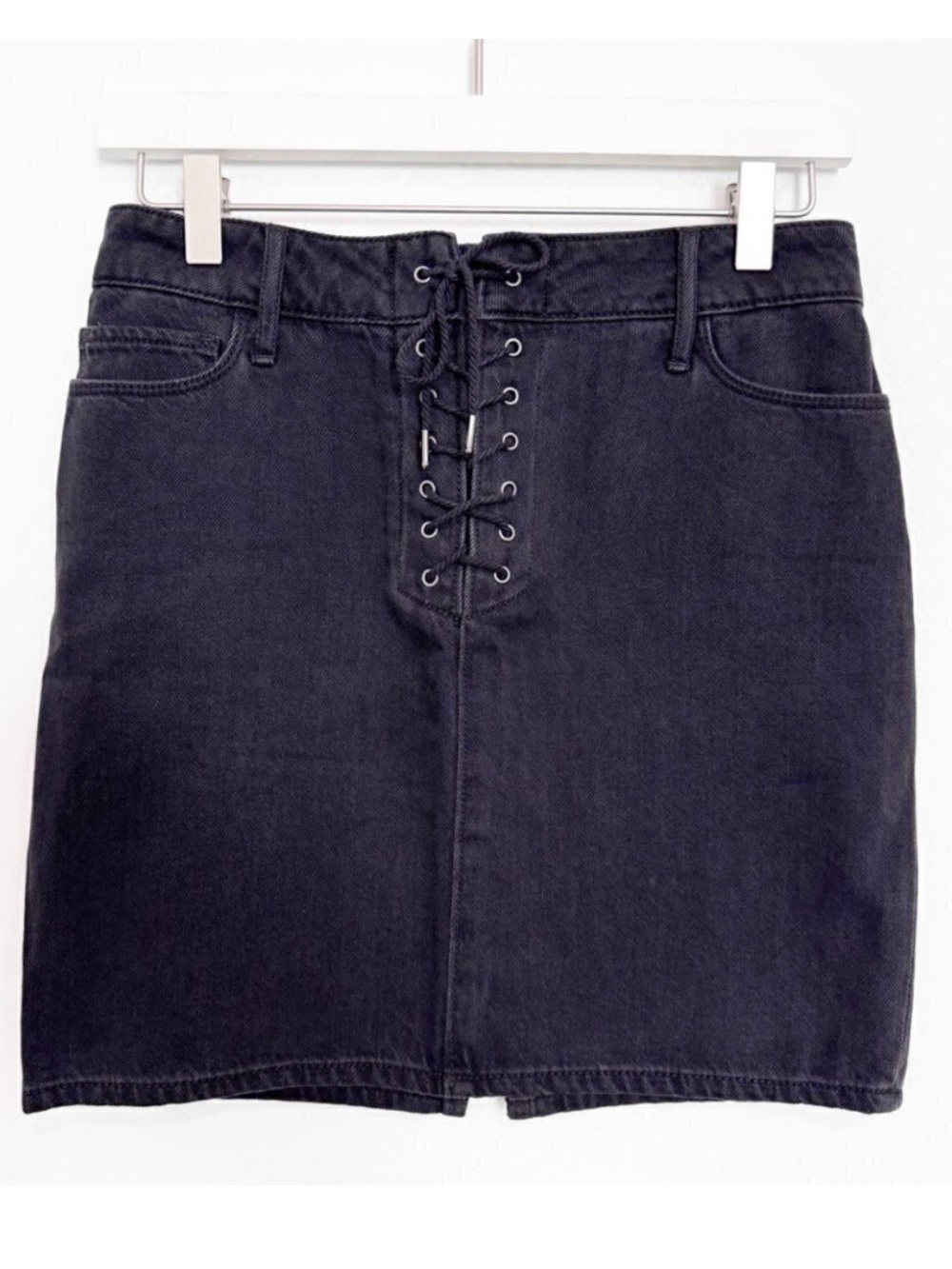 Paige Iris Skirt Size 26 Black‎ Nightingale Denim Lace Up Tie Minimalist Grunge